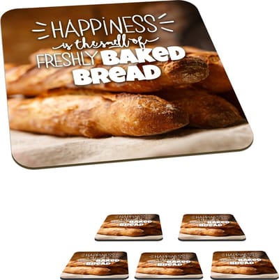 Onderzetters voor glazen - 'Happiness is the smell of freshly baked bread' - Quotes - Spreuken - 10x10 cm - Glasonderzetters - 6 stuks