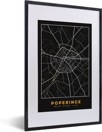 Fotolijst incl. Poster - Black & gold - Poperinge - Stadskaart - Plattegrond - Kaart - 40x60 cm - Posterlijst