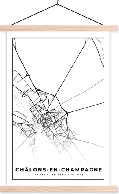 Posterhanger incl. Poster 40x60 cm - Schoolplaat - Stadskaart – Châlons-en-Champagne - Plattegrond – Kaart – Frankrijk - Zwart wit - Textielposter - Blanke latten - Stadskaart