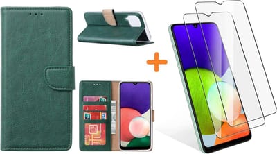Hoesje Geschikt Voor Samsung Galaxy A22 4G hoesje bookcase Groen Met screenprotector / 2X tempered glass