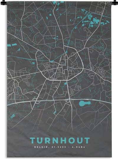 Wandkleed - Wanddoek - België – Turnhout – Stadskaart – Kaart – Blauw – Plattegrond - 120x180 cm - Wandtapijt