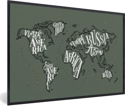 Poster in lijst - Fotolijst 120x80 cm - Posters - Wereldkaart - Grijs - Wit - Posterlijst zwart - Decoratie - Wanddecoratie woonkamer - Muurdecoratie slaapkamer