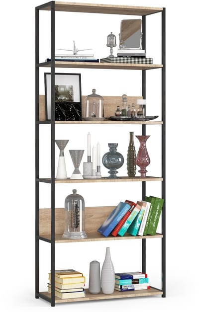 Open Boekenkast, Ladderkast, Industriële Stijl / Metalen Vakkenkast met 6 Planken / Opbergplank / Boekenrek Opslagrek / Zwart - Sonoma Eik / 80 x 192 x 32 cm