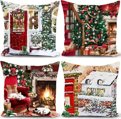Famanu - Kerst kussenhoes kerst kussensloop kerst decoratieve set van 4 winter sierkussenhoezen kerst cadeau kussenhoes woonkamer sofa 40x40cm