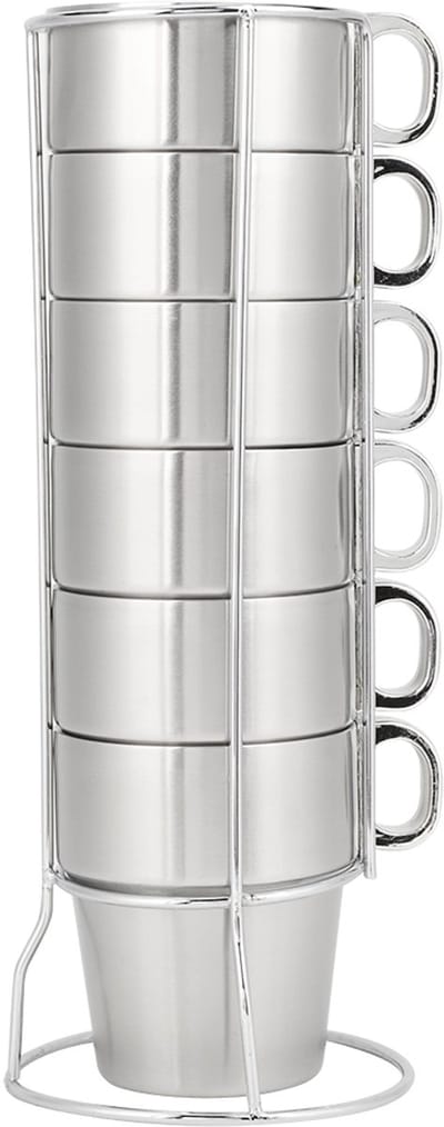 JeiibrZui Stapelbare Koffiemokken - Koffiemokken Met Rek - Dubbele Laag & Roestvrij Staal - 6 - Voor Thuis/Zilver