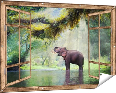 Gards Tuinposter Doorkijk Vrolijke Olifant in het Water - 150x100 cm - Tuindoek - Tuindecoratie - Wanddecoratie buiten - Tuinschilderij