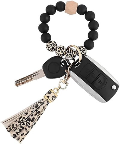 Dailygoods- Sleutelhanger Dames - Tashanger met Lederen/Siliconen Kralen - Autosleutelhanger - Handsfree Oplossing - Duurzaam en Comfortabel - Stijlvol Luipaardpatroon - Sleutelhouder