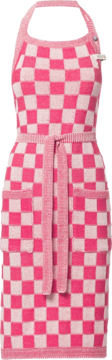 Knit Factory Gebreide Keukenschort Dames & Heren - Kookschort - Kokssloof - Keukensloof - Koksschort - Barbecue schort Block - Ecru/Fuchsia - Roze - One Size - Met steekzakken