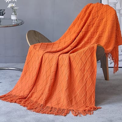 Stevige, zachte, gebreide, decoratieve deken met kwastjes voor een slaapbank, zacht, warm en comfortabel, lichtgewicht voor de lente en zomer (130 cm x 230 cm) - oranje - 130*230CM