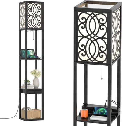COSTWAY Houten vloerlamp, 2 USB-oplaadpoorten en 1 lade, planklamp met E27-fitting, staande lamp met planken voor slaapkamer en woonkamer, zwart