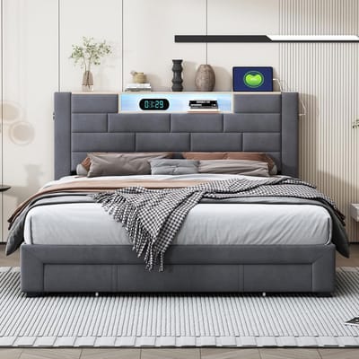 Gestoffeerd Tweepersoonsbed 140x200 cm Grijs met Opbergruimte, USB-aansluiting en LED-verlichting