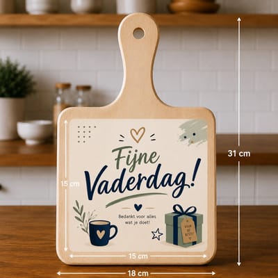 Kaasplank met Tegel Fijne Vaderdag – Vaderdag Cadeau voor Papa – Houten Serveerplank 18x31 cm met Tegel 15x15 cm