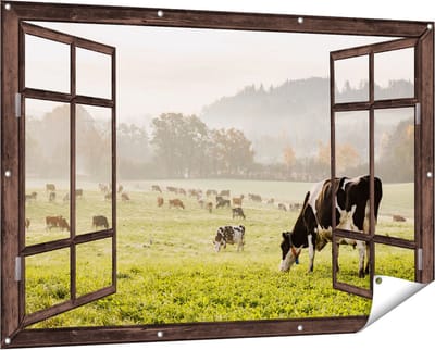 Gards Tuinposter Doorkijk Zwart Witte Koeien in de Wei - 150x100 cm - Tuindoek - Tuindecoratie - Wanddecoratie buiten - Tuinschilderij
