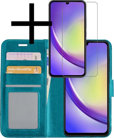 Hoesje - Met Screenprotector - Geschikt voor Samsung Galaxy A34 - Luxe Pasjeshouder - Bookcase Portemonee - Flip Case - Kunstleer Book Case - Flipcase - Book Cover - Walletcase - Portemonneehoes - Turquoise