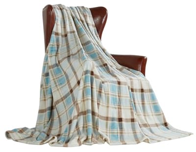 Zachte oversized fleece deken voor slaapbank en stoel - Decoratieve pluche deken 120 x 150 cm - Baby blauw geruit