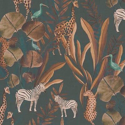WILDE DIEREN BEHANG | Jungle - Petrol Bruin Oranje Creme - A.S. Création Anna D'Andrea