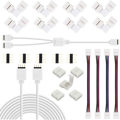 LED Strip Connector Set voor 10mm RGB Strips, Inclusief L-vormige Connectoren, Verlengkabel en Jumper Cables voor DIY Verlichting