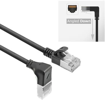 ACT Zwarte 0.5 m U/FTP CAT6A LSZH Slimline patchkabel met RJ45 connectoren recht naar 90° haaks rechts DA3900