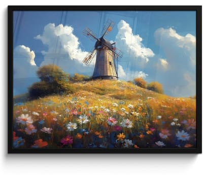 Poster in lijst - Fotolijst 70x50 cm - Posters - Windmolen - Heuvel - Bloemen - Kleurrijk - Posterlijst zwart - Decoratie - Wanddecoratie woonkamer - Muurdecoratie slaapkamer