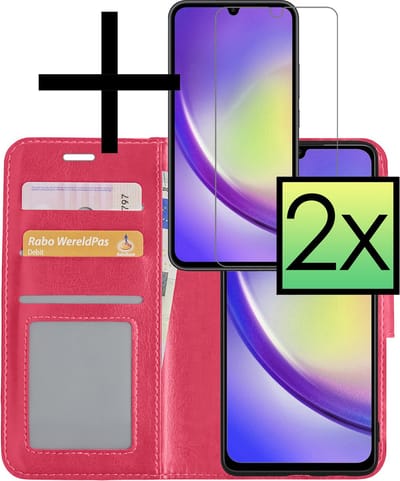 Hoesje - Met 2x Screenprotector - Geschikt voor Samsung Galaxy A34 - Luxe Pasjeshouder - Bookcase Portemonee - Flip Case - Kunstleer Book Case - Flipcase Hoes - Book Cover - Walletcase - Portemonneehoes - Donkerroze