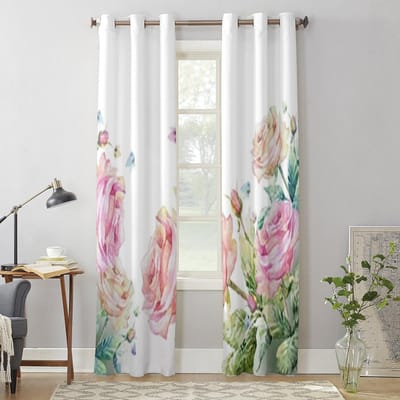 Prachtige Roze Rozen Met Vlinders Raamgordijnen Voor Woonkamer Luxe Slaapkamer Decoratie Gordijnen Keuken Raambekleding 135W x 60H(cm) x1 white