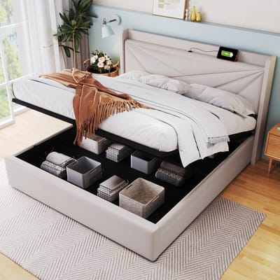 Sweiko Gestoffeerd bed Dubbele opbergbeddoos met USB type C oplaadfunctie Hoofdbord, Opslagbedden Linnen materiaal bedframe Jeugdbed 160x200 met lattenrost (Zonder matras)