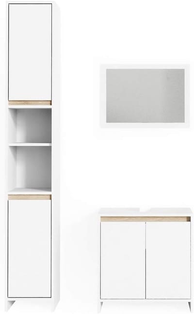 Complete badkamerset met wastafelonderkast, spiegel en hoge kast in wit en Sonoma eikenlook