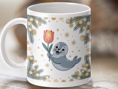 Mok, Kerst zeehond, Kerstmis, bloemen, leuke dier mok, feestdagen, perfecte cadeau mok, unieke mok, Winter mok, Merry Christmas