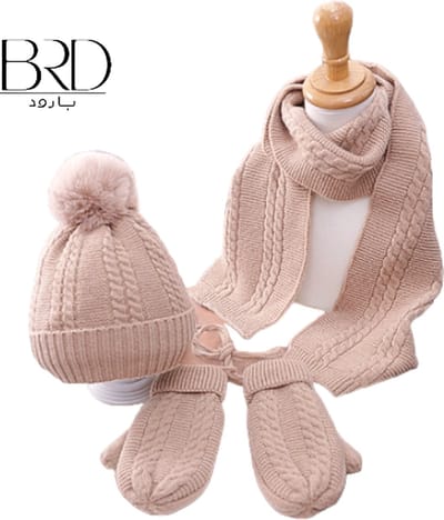 BRD® Kind Winter set Beige - Gevoerde Muts, Sjaal Wanten met Touw - Gebreid