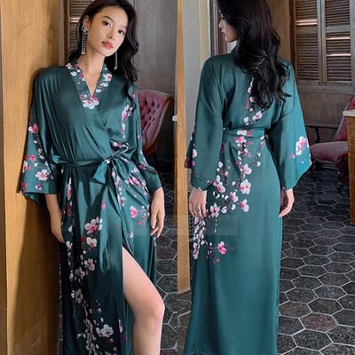 Nieuwe Lente Zomer Dames Lange Badjas Nachthemd Sexy Print Bloem Kimono Badjas Gewaad Casual Zijde Satijn Huisjurk Loungekleding One Size gray