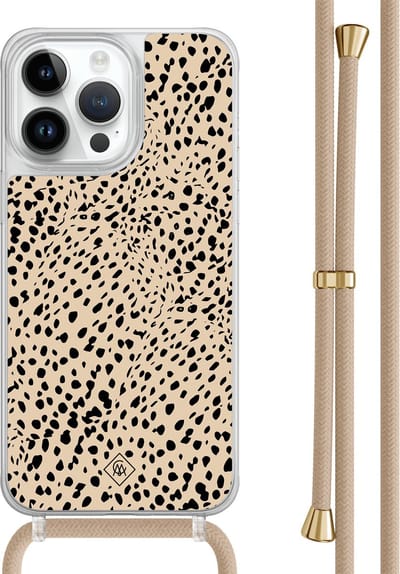 Casimoda® hoesje met beige koord - Geschikt voor iPhone 13 Pro Max - Stippen bruin abstract - Afneembaar koord - TPU/polycarbonaat - Bruin/beige