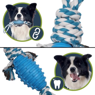 Trekspeeltje KATOENEN met zachte bal voor honden, 3-in-1 SPEELGOED OM MEE TE APPORTEREN, TREKKEN, KNAGEN 34 cm