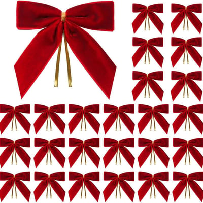 30 mini rode fluwelen strikken voor kerstboomversiering - 3,5 x 3,5 cm (breedte), klein en schattig, met draad, geschikt voor kerstboomversiering, cadeauverpakkingen, knutselwerkjes, snoepzakken, feestversiering, enz.