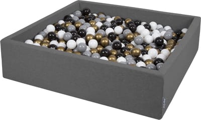 KiddyMoon Ballenbad voor kinderen Vierkant met 600 ballen ∅7cm 120x30cm - Ballenbak voor Baby's - Ballenbak ballen kleurrijke - Met schuimvulling - Ballenbad foam - Voor sensorische - Dunkelgrau: Wit Grijs Zwart Goud