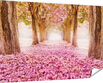Gards Tuinposter Romantische Bomen Tunnel met Roze Anjers - 180x120 cm - Tuindoek - Tuindecoratie - Wanddecoratie buiten - Tuinschilderij