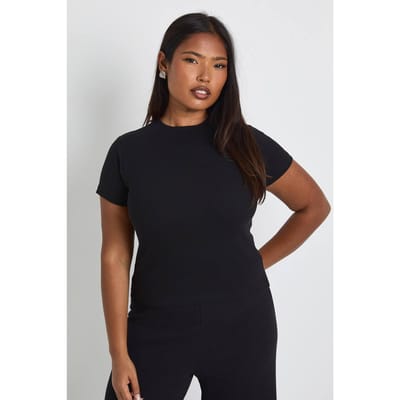 boohoo Dames Plus Basic Geribde Korte Mouwen Longline Aansluitende Top | Zwart | Maat: 44