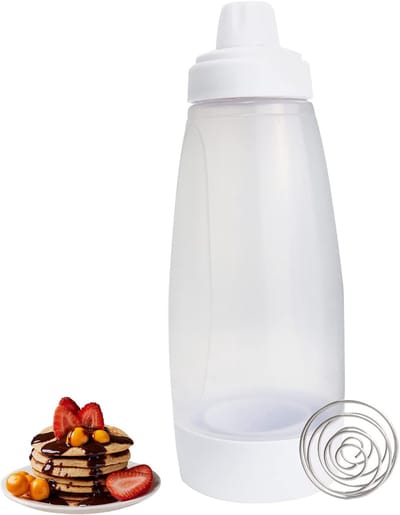 Famanu - Deegdoseerfles 1L Eenhandig, pancake mixer knijpfles met deksel en schaal, voor poffertjes, donuts, muffins en crêpes