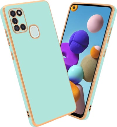 Cadorabo Hoesje geschikt voor Samsung Galaxy A21s in Glossy Mintgroen - Goud - Beschermhoes Case Cover van flexibel TPU-silicone en met camerabescherming