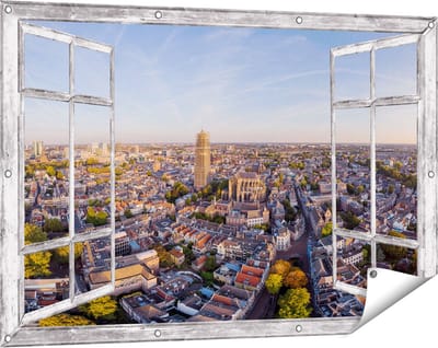 Gards Tuinposter Doorkijk Utrecht vanuit de Lucht - 120x80 cm - Tuindoek - Tuindecoratie - Wanddecoratie buiten - Tuinschilderij