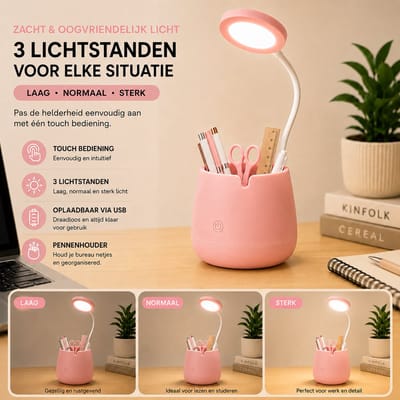 LED Bureaulamp met Pennenhouder – Draadloos – USB Oplaadbaar – Touch Bediening – Roos