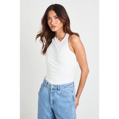 boohoo Dames Gerimpelde Bodysuit Met Éen Schouder En Mesh Paneel | Ivoor | Maat: 34