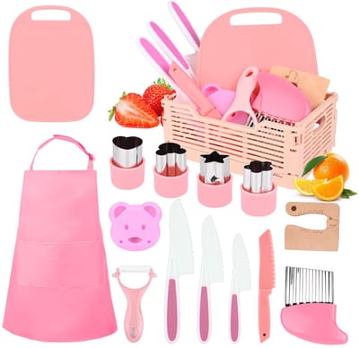 Dreamhigh® 15 Delige Kindermessenset - Met Schort - Opvouwbare Opbergdoos En Gekarteld Mes - Kindermessen Voor Kinderen Van 3 4 5 En 6 Jaar, Kinderkeuken - Montessori - Speelgoed Als Kerst - En Verjaardagscadeau