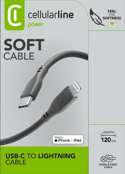 Cellularline - Soft kabel, USB-C naar Lightning 1,2m, zwart