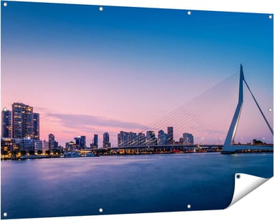 Gards Tuinposter Erasmusbrug in Rotterdam met Zonsondergang - 150x100 cm - Tuindoek - Tuindecoratie - Wanddecoratie buiten - Tuinschilderij