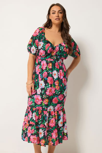 Yours Zwarte Midijurk Met Bloemenprint Size 42