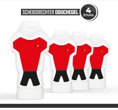 Douchegel "Scheidsrechter"- 300 ml - 4 stuks - Triomf Cosmetica | Showergel Shampoo Sport Voetbal Scheids Week van de Scheidsrechters Douchegel Tenue fles Klein Bedankt Cadeau Gift Wedstrijd Toernooi Rode Gele kaart Scheidsrechtersshirt rood