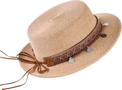 Decopatent - Zonnehoed Dames Rond - Bedels en Sierrand Zomerhoed - Strohoed UV - Ø58 cm - Strandhoed Hoofddeksel Rond - Hoed voor Volwassenen - Kleur: Naturel