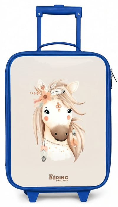 NoBoringSuitcases.com® - Kinderkoffer blauw - Kindertrolley jongen - Bohemian paard in pastel kleuren - Koffer kind lichtgewicht - Reiskoffer trolley voor kinderen - Koffertje met lichtgevende wieltjes - Rolkoffer
