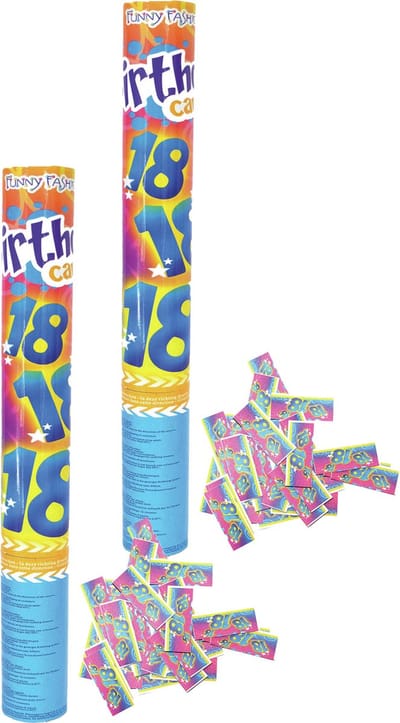 Funny Fashion confetti shooter/kanon - 2x - verjaardag 18 jaar - papier - multi kleuren - 40 cm - leeftijd feestartikelen