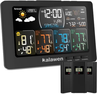 Weerstation Draasloos Binnen/Buiten - Weerstation met 3 Buitensensoren - Modern Design - Automatische Helderheid - Temperatuur- en Vochtigheidsmetingen - Voor Huishoudelijk Gebruik